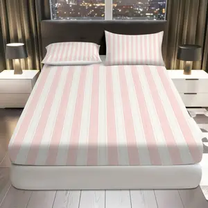 3Pcs Striped Pink White Fitted Sheet Three Piece Set (1*Fitted Sheet+2*Pillowcases, Coreless), Casual theme, Striped Bedding Set, Mattress protector Soft, Breathable, Bedroom, Hotel, Breathable Sheets