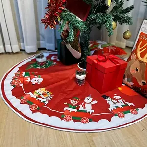 Traditional Style Christmas Tree Skirt, Polyester Santa and Snowman Design, Holiday Tree Base Decoration, Durable and Easy to Clean