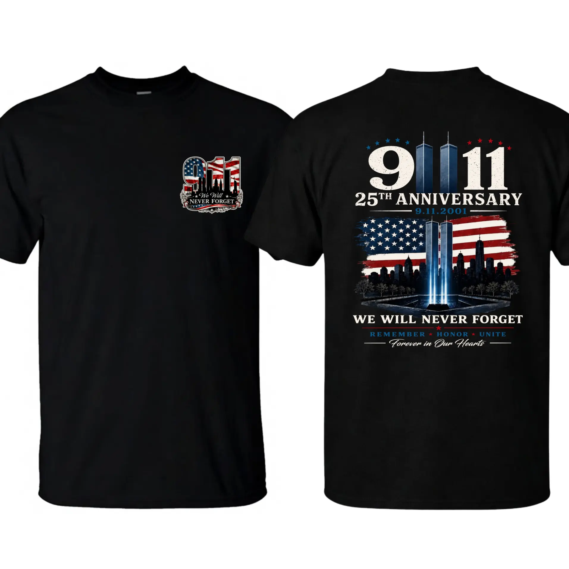[MADE IN US] 911 25th Anniversary Memorial T Shirt, Patriotic Twin Towers And American Flag Two Sided Graphic, September 11 Remembrance Gift For Firefighter Families And Patriots