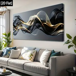 (Pine Wood Wrapped Inner Frame) Abstract Theme Wall Art, Black and Gold Hanging Wave Artwork, Perfect Home Interior Decoration, Suitable for Living Room, Bedroom, Dining Room Wall Decoration, Can Be Hanged Directly