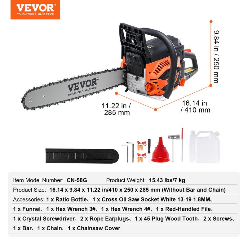 VEVOR Gas Chainsaw,  , 58CC 20" 3.22HP, Gasoline Powered Chain Saw, Handheld Cordless Petrol Chainsaws for Tree Wood Branch Cutting, Tree Trimming, Land Clearing, Farm Garden Ranch Forest Cutting Use