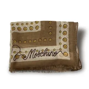 Moschino Logo Button Print Scarf 60×180 cm | Statement Italian Style Lightweight Soft Fringed Edges All-Over Printed Design