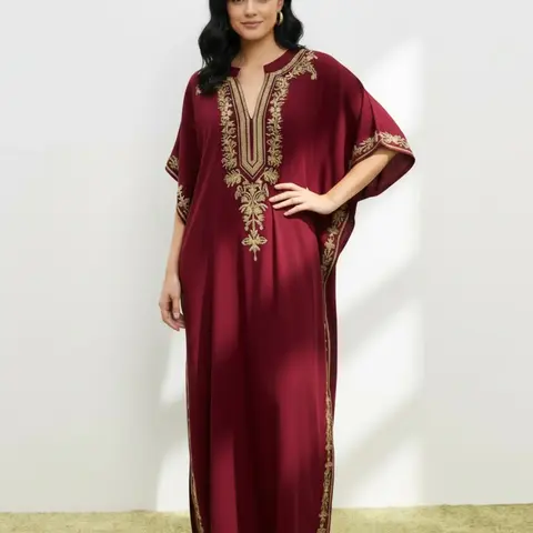 Women's Ethnic Pattern Embroidery Notched Neck Split Hem Boho Kaftan Dress, Casual Batwing Sleeve Maxi Long Dress for Daily Wear, Ladies Clothes for All Seasons, Muslim Women Gowns, Islamic Clothing, Boho Caftan