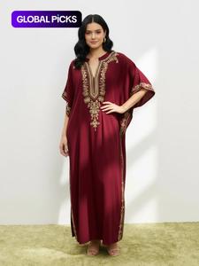women's ethnic pattern embroidery notched neck split hem kaftan dress, chic casual batwing sleeve long dress for daily wear, modesty ladies clothes for all seasons, clothing, ethnic print kaftan