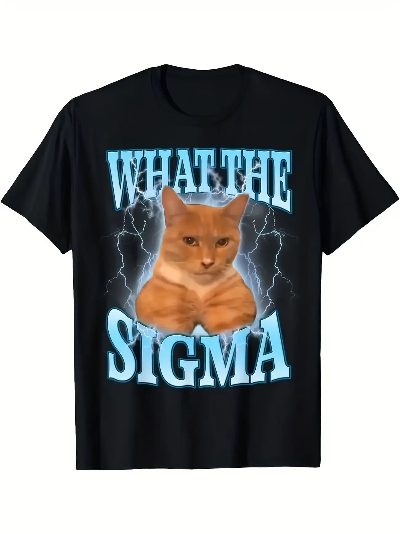 Men's Funny Sigma Meme Cat Cotton T-Shirt - Short-Sleeve, Round Neck, Soft Breathable Top with "WHAT THE SIGMA" Graphic, Casual All-Season Tee for STEM/Gaming, Machine Washable Black Crewneck Menswear