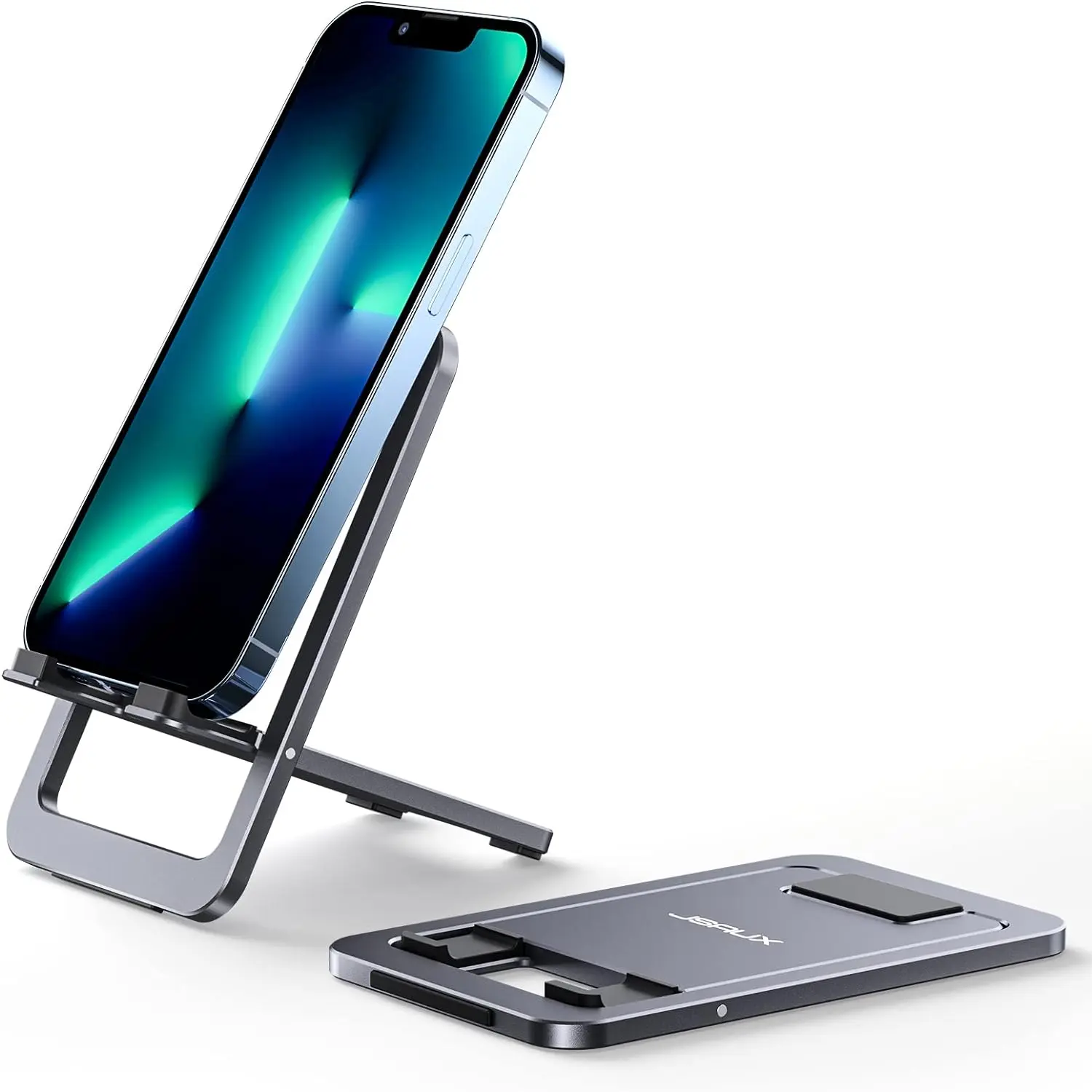 JSAUX Fold-Flat Cell Phone Stand, Adjustable Desk Holder-Gray | Easy to Carry, Travel Friendly, for 4-8 Inch Phones, 0-90° Viewing, Sturdy Aluminum, Reinforced Swivel, Charging Access