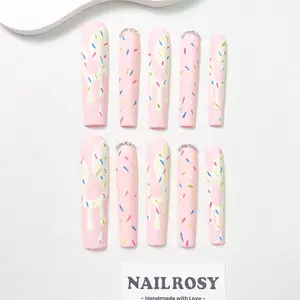 10Pcs Handmade Press on Nails Pink Black Long Matte Ice Cream Drip Fake Nails Colorful Candy Confetti Shiny Crystal Long Reusable Nail Set