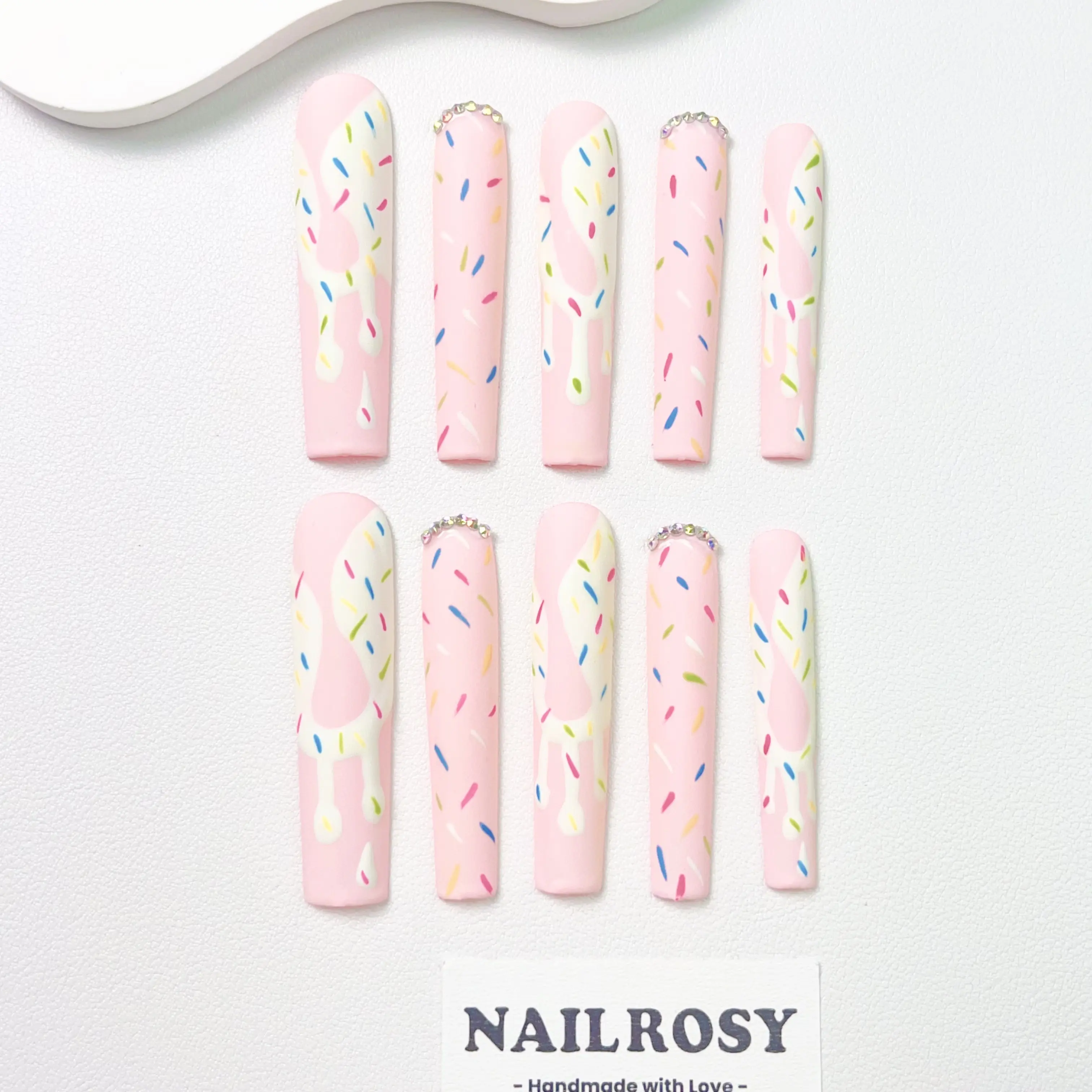 10Pcs Handmade Press on Nails Pink Black Long Matte Ice Cream Drip Fake Nails Colorful Candy Confetti Shiny Crystal Long Reusable Nail Set