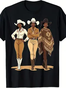 Men's & Women's Black Cowgirl Western Rodeo T-Shirt - 220GSM Pure Cotton Retro Rodeo Design Short-Sleeve Shirt with Cowgirl Graphics, Round Neck Casual Western Wear for Rodeo Events, Ranch & Everyday Outfits
