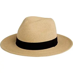 Pineapple&Star Sun Straw Fedora Beach Hat Fine Braid UPF50+ for Unisex, Beige, One Size