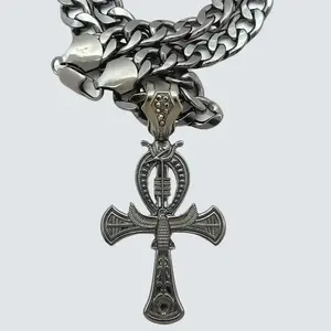 MaxBling81 Egyptian Ankh Cross Hematite Black Pendant Necklace, 11mm 20" Cuban Chain Link, Hip Hop Style Unisex Jewelry, Trendy Fashionable Modern Versatile Accessories