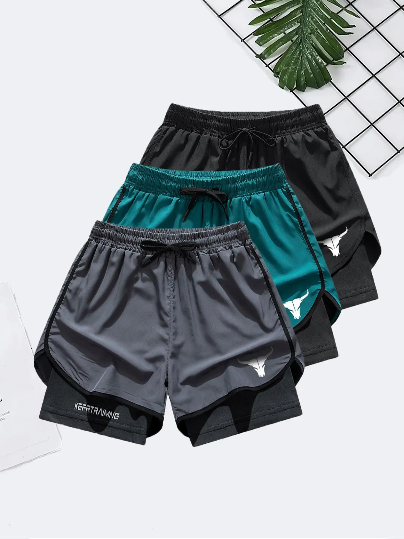 Men's Letter & Bull Head Print 2 in 1 Double Layer Drawstring Waist Gym Shorts, Regular Fit Casual Comfortable Breathable Quick Drying Anti-Exposure P