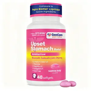 GenCare Stomach Upset Relief Capsules, 48 ​​softgels, 262mg Bismuth Subsalicylate Antidiarrheal, provides relief from nausea, heartburn, and indigestion due to acid reflux. A generic alternative to Pepto-Bismol tablets.