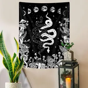 Witchy Snake Vertical Tapestry, Black and White Moon Phase Mushroom Tarot Gothic Tapestries, Cool Botanical Aesthetic Small Tapestry for Bedroom Living Room Poster