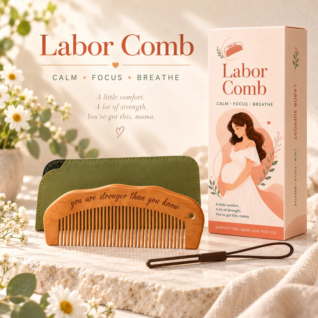 Natural Wooden Birth Comb for Pregnant Moms, Portable Labor Companion for Delivery Day, Curved Handheld Maternity Comb with Strap, Gift for Expectant Mothers