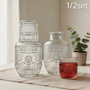 Reusable Vintage Embossed Glass Bedside Water Carafe and Tumbler Set Ins Style Thickened Explosion Proof Pitcher with Dustproof Inverted Cup Large Capacity Hotel Grade Dishwasher Safe Drinkware for Bedroom Nightstand Living Room, Perfect Housewarming Gift