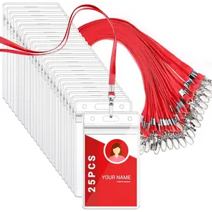 Lanyards with ID Holder, 25 Pack Vertical Badge Clear Plastic Name Tags  Key Card Bulk, Red Strap Clips  Ziplock Nametag Protector for Women, Business, Student, School,Office