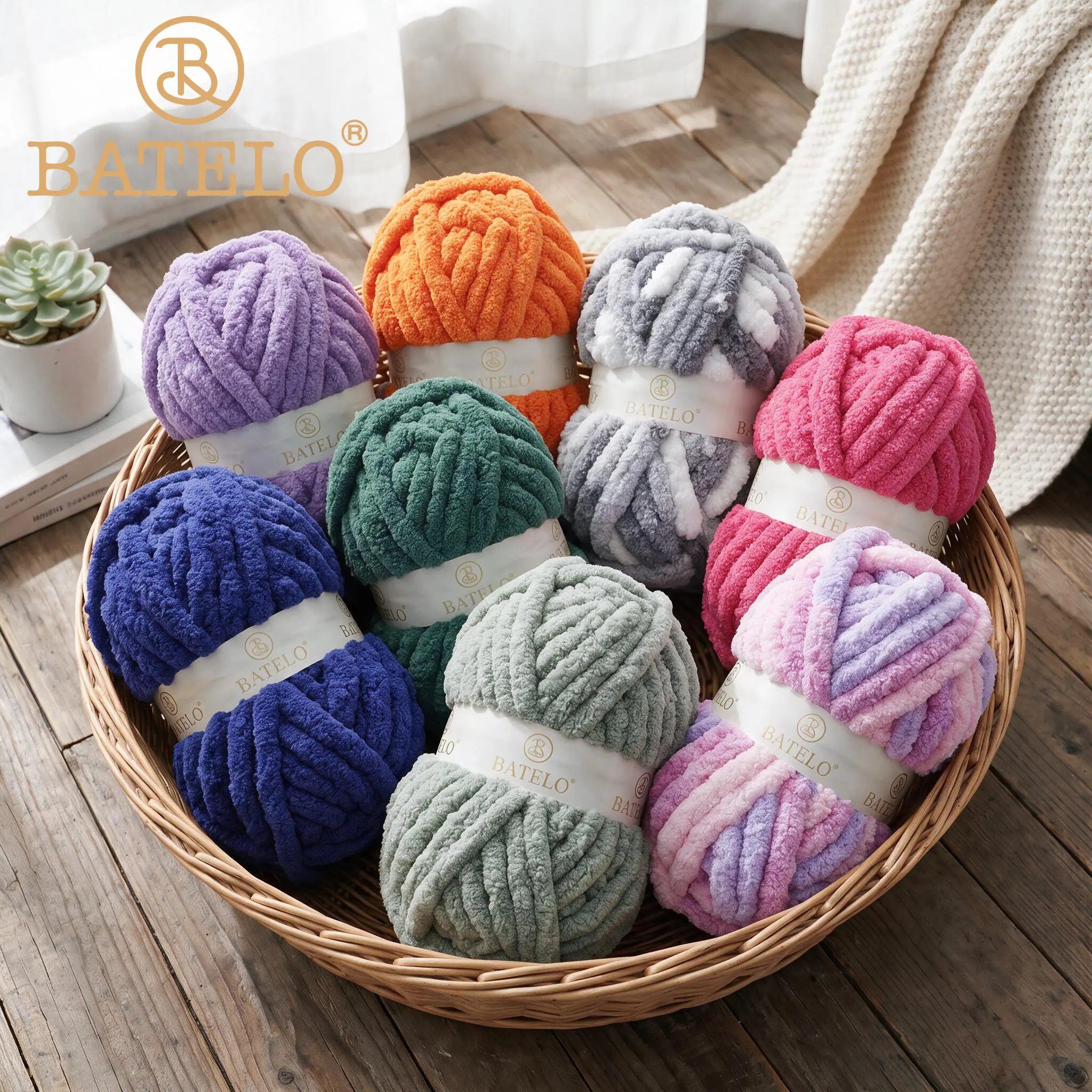 BATELO Chunky Chenille Fiber Yarn - 8oz Super Soft Thick Ply Fluffy Crochet Yarn for Hand Knitting, Blanket Making & Crochet Items (Textiles & Sewing Crafts Supplies)