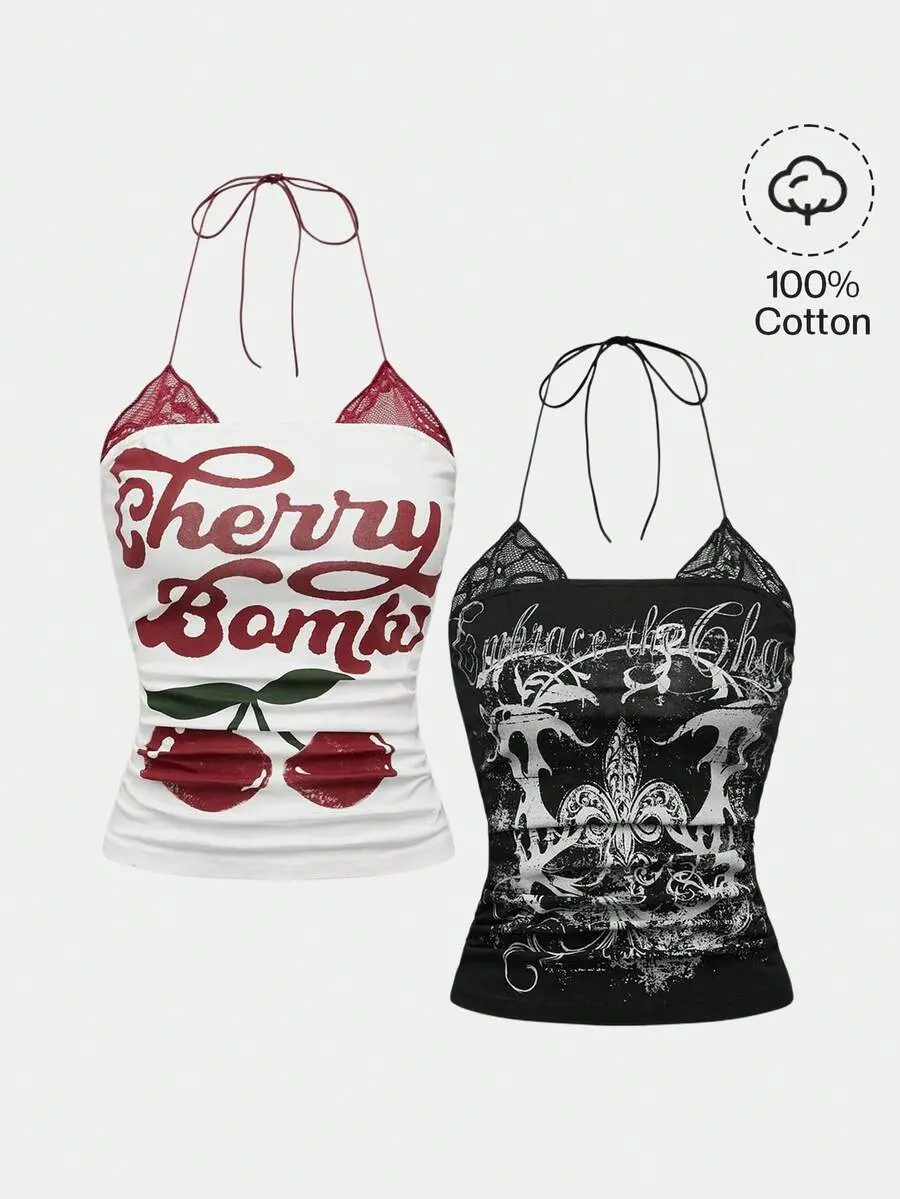 HERZLICHT Spring/Summer Graphic 2 Pieces Set: Vintage Cherry Print & Punk Floral Contrast Lace Halter Neck Top