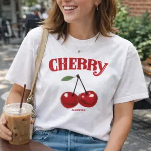Women's Cherry Letter Graphic Round Neck Tee, Casual Short Sleeve Crew Neck T-Shirt, Fashion Daily Basic Top for Outdoor Streetwear, Ladies All-Season Comfortable Pullover