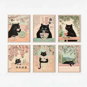 Japanese Cat 6 Print Set Gift, Black Cat Wall Art Poster Bundle, Zen Bathroom and Food Cat Prints, Minimalist Japanese Decor, Cat Lover Gift