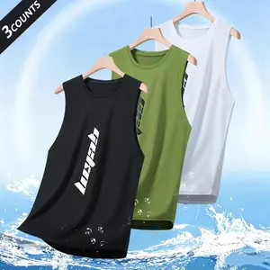 3-pack summer men’s quick-dry sleeveless sports tank tops, mesh breathable polyester material, letter print, suitable for everyday casual wear, outdoor activities, fitness, and running training.
