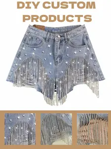 Women's Y2K Beaded Denim Shorts, Summer Handmade Rhinestone Fringe Mid-Waist Jeans, Customizable Sexy Fitted Design