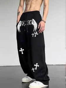 Men's Gothic Long Pants, Drawstring Waist Straight Leg, Angel Wings and Cross Print, Casual Comfortable Daily Wear, All Seasons