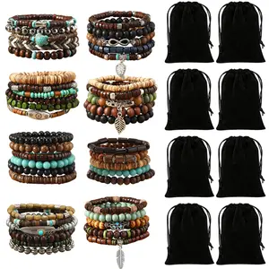 43Pcs Punk Wooden Beads Bracelets Gothic Bracelet for Men Adjustable Vintage Beaded Bracelet Metal Set Wood Bangles Wristbands Commemorative Gift