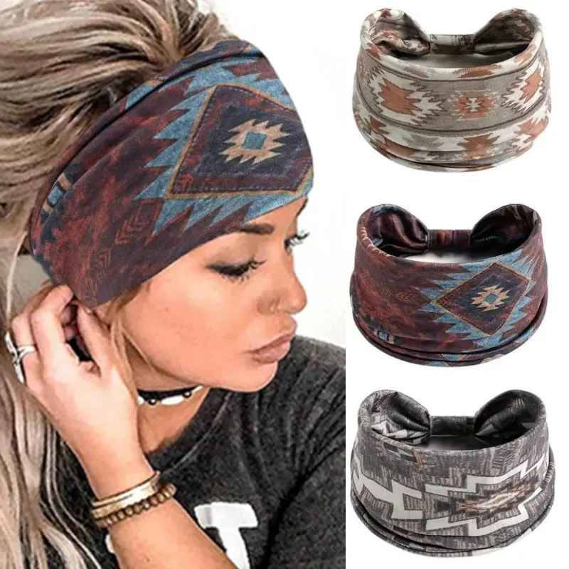 Women's Bohemian Vintage Print Wide Hairband, Geometric Pattern Elastic Thick Fabric Yoga Fitness Headwear, Sports Headband, Workout Headband, Sport Headbands, 3 Piece Set