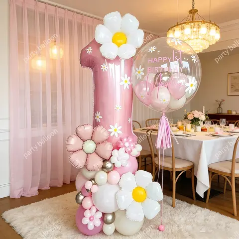 A set of Number Daisy Column Balloons, DIY Decorative Balloons, includes 32-inch pink number foil balloons, daisy-shaped foil, Suitable for birthday party, baby grabbing ceremonies, girl-themed party, anniversaries, festival decor, Birthday Decorations