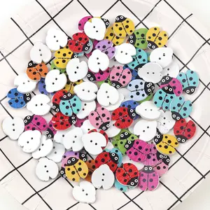 50pcs 16x18mm Ladybug Series Mixed Color Wooden Buttons with Two Holes, Creative DIY Clothing Accessories, Fashion Decorations