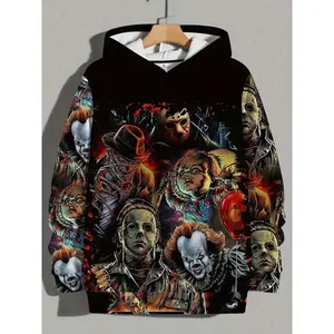 3DHorrorMovieCharacterPrintHoodedSweatshirt-CasualPolyesterKnitFabricPulloverWithElastaneStretch,LongSleeveUnisexHoodieForAdultsAndTeens,IdealForCasualWeekendWear-Spring/FallSeasonTopsManMenswearCollarBlackOperator