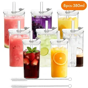 8 Sets Square Drinking Glass Cups, Old Fashioned Glasses, 17 Oz Square Glasses, Clear Highball Modern Glassware Tumbler Mixed Drinkware with Straws for Cocktail Coffee Juice Beer (Square-8PCS)