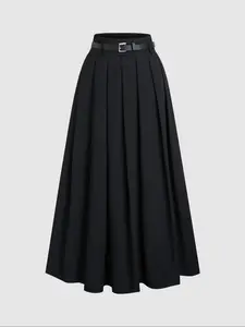 Women's High Waist Long Pleated A-Line Woven Skirt with Decorated Belt, Trendy Casual Business Attire, Stylish Versatile Everyday Wear