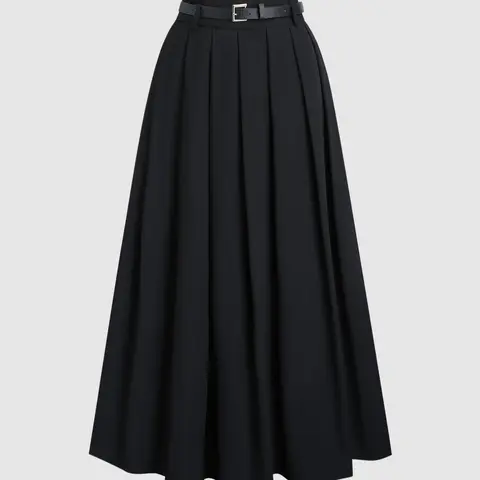 Women's High Waist Long Pleated A-Line Woven Fashionable Skirt with Decorated Belt, Trendy Chic Casual Business Attire, Elegant Stylish Versatile Everyday Wear Piece