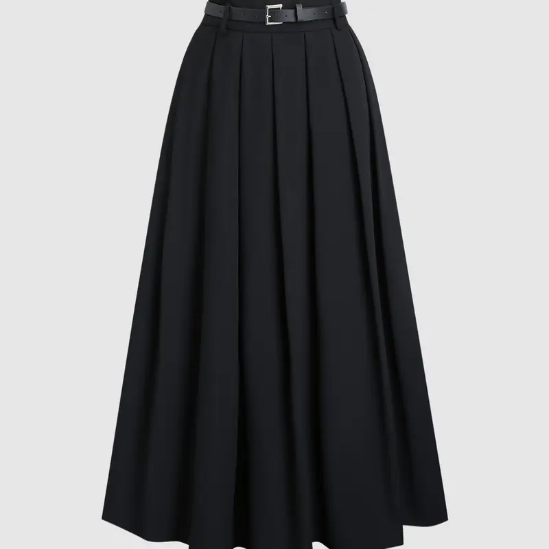 Women's High Waist Long Pleated A-Line Woven Fashionable Skirt with Decorated Belt, Trendy Chic Casual Business Attire, Elegant Stylish Versatile Everyday Wear Piece