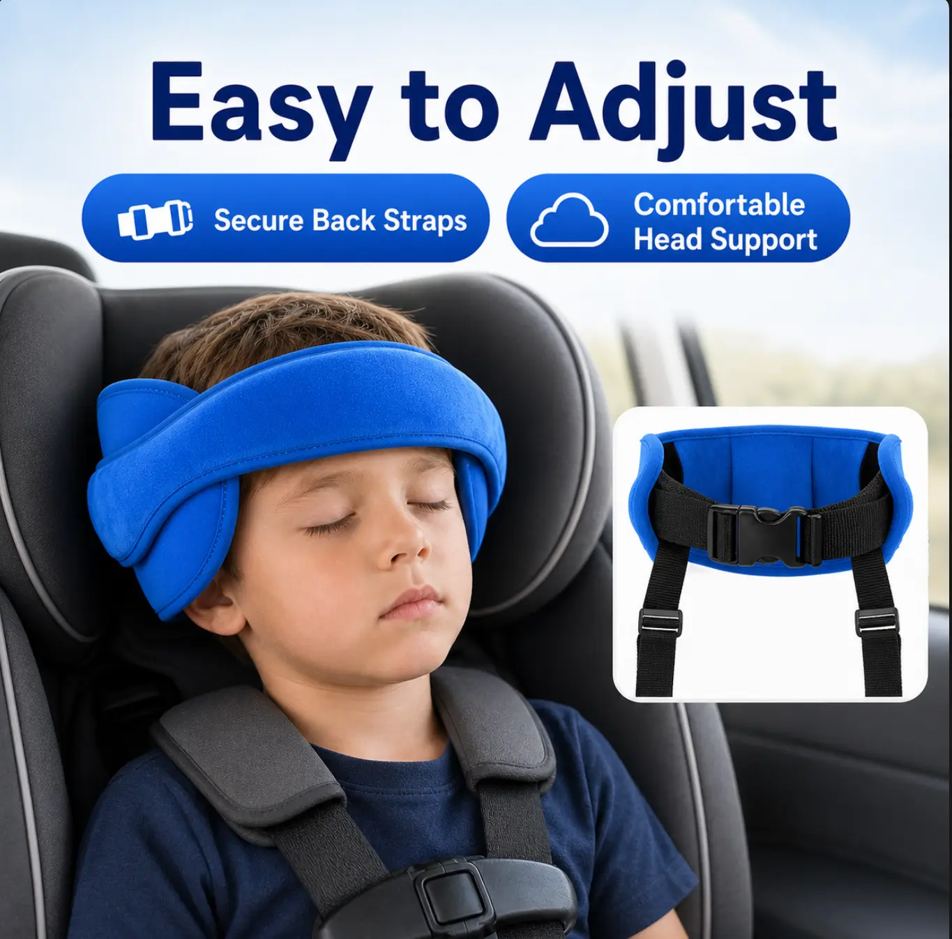 Kids Car Seat Head Support Strap, Soft Plush Adjustable Nap Support Band with Padded Side Cushions, Portable Travel Headrest Accessory for Toddlers and Children, Blue Pink Gray