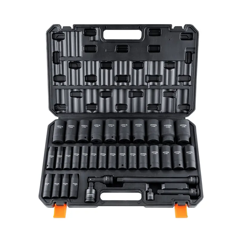 VEVOR Impact Grade 34pc Cr-Mo - 1/2 Chromium-Molybdenum Steel Metric 8-36mm 6-Point Socket Combination Tool Kit Set, Tool Box Included, Abundant Components, for Auto Repair & Rugged Construction, Prevents Bolt Rounding