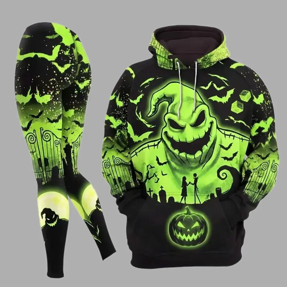Halloween Monster Hoodie & Leggings Set, Spooky Green Horror Graphic Outfit, Dark Halloween Matching Set for Men Women