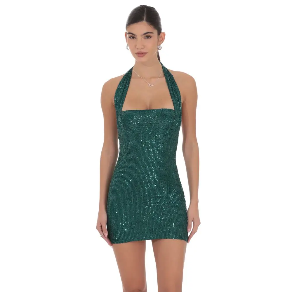 Sequin Halter Dress in Green