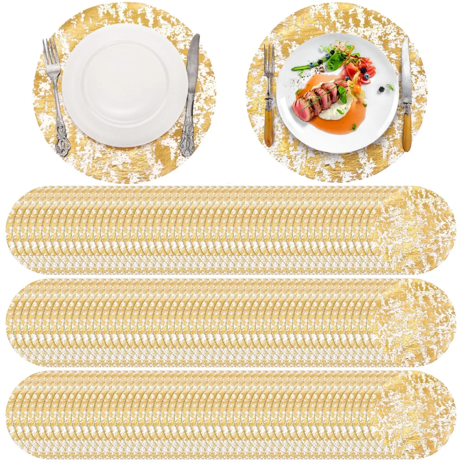 100/200/300 Pieces Gold Placemats, 13 Inch Disposable Round Foil Table Mats Bulk, Metallic Mesh Pressed Table Doilies Runners for Home Decor, Dining Table, Birthday Party, Wedding