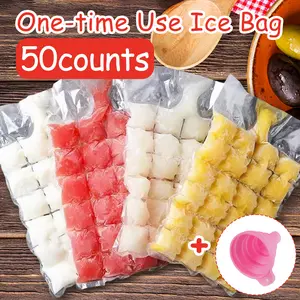50 Counts Disposable Ice Maker Bags, Self-Sealing Freezer Trays with Funnel，Transparent Cold Ice Pack Cooler Bag，Self-Seal Freezing Maker,Stackable Easy Release Ice Cube Mold Trays for Cocktail Food Wine Ice Ball Molds Reusable Ice Ring