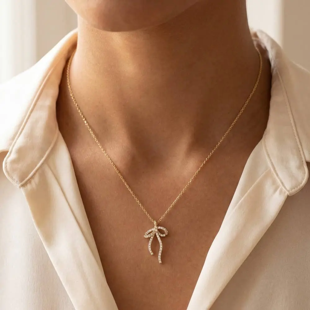 Pave Cz Ribbon Bow Pendant Necklace