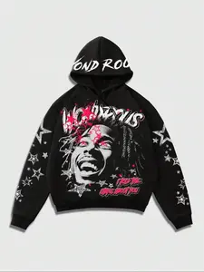 Trendy Y2K Print Geometric Hoodie, Star & Portrait Street Style Fitted Hooded Sweatshirt, Casual Daily Wear, Perfect for Urban Tops