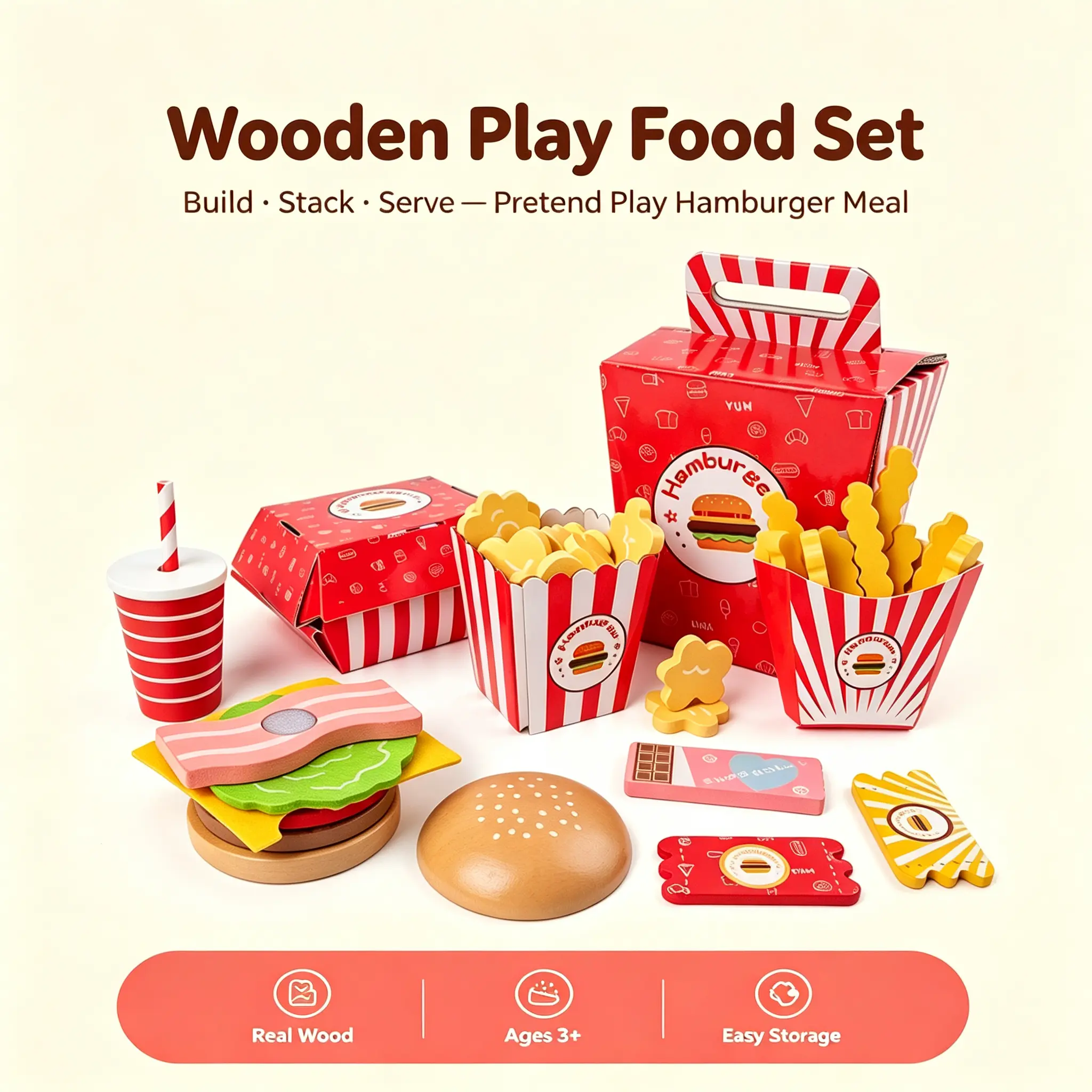 Wooden Hamburger Playset for Kids, Pretend Play Food Set, Cutting Play Food with Knife & Board, Kitchen Role Play Toys for Toddlers, Toys for 3 4 5 Year Old Boys & Girls, Wooden Toddler Tool, Play Food Toys, Christmas Gift, Birthday Gift, Gifts for Kids