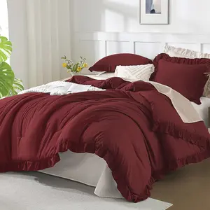 Burgundy Comforter Full Size, 3 Ruffle Comforter Sets, Lightweight Fluffy Microfiber (79x90 Comforter  2 Pillowcases)