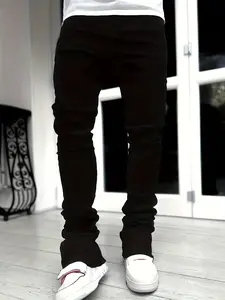 Men's Solid Color Raw Trim Skinny Jeans, Casual Comfy Flare Leg Denim Pants for Daily Wear, Fashion Men's Bottoms for All Seasons