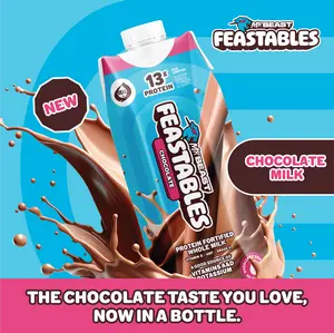Feastables by MrBeast - Chocolate Milk – Protein-Packed Real, Whole Milk, Made with Protein and Vitamins A&D, 13g Protein, 230 Calories, Fairtrade Certified, Kosher, Ready-to-Drink, Shelf-Stable