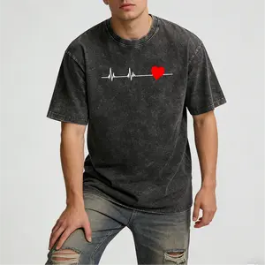 Comfort Fit Washed T-Shirt with Heartbeat Design Supporting Heart Disease Awareness